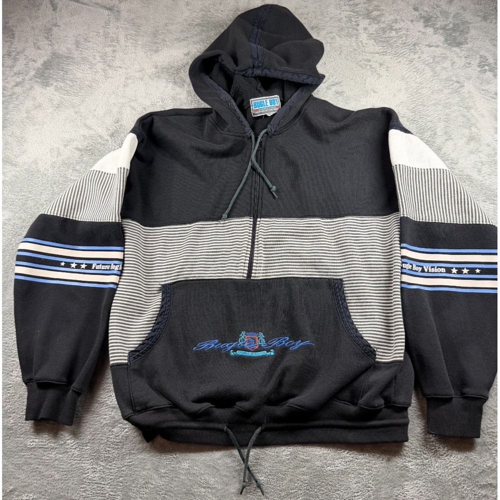 Vtg 90s Bugle Boy Hoodie Mens M Colorblock Striped Embroidered Pullover